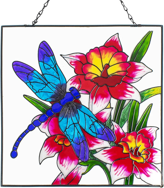 Dragonfly Flowers Stained Glass Suncatcher Window Hanging