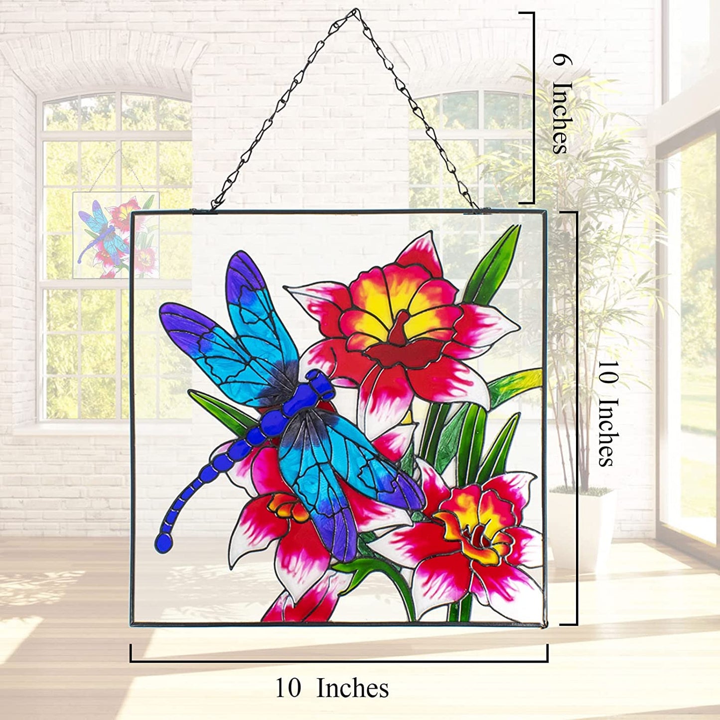 Dragonfly Flowers Stained Glass Suncatcher Window Hanging