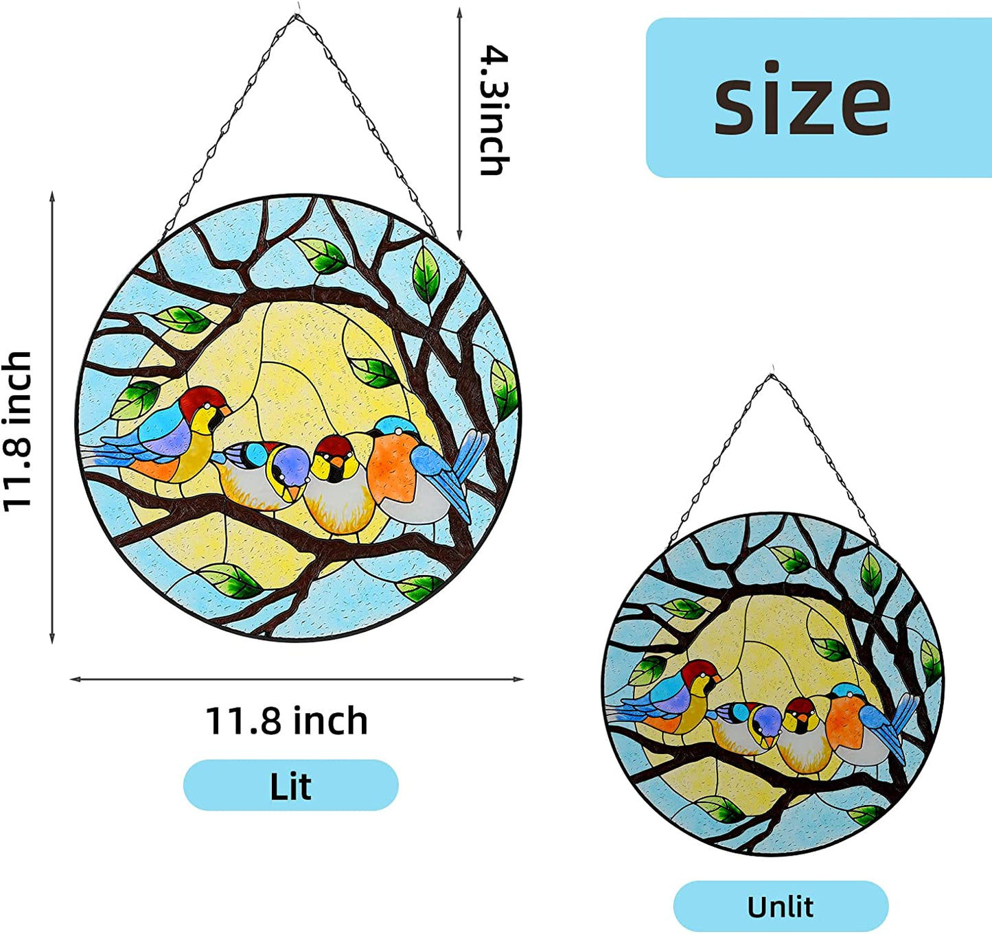 Four Multicolor Birds on Tree Hand Paint Window Panel Decor