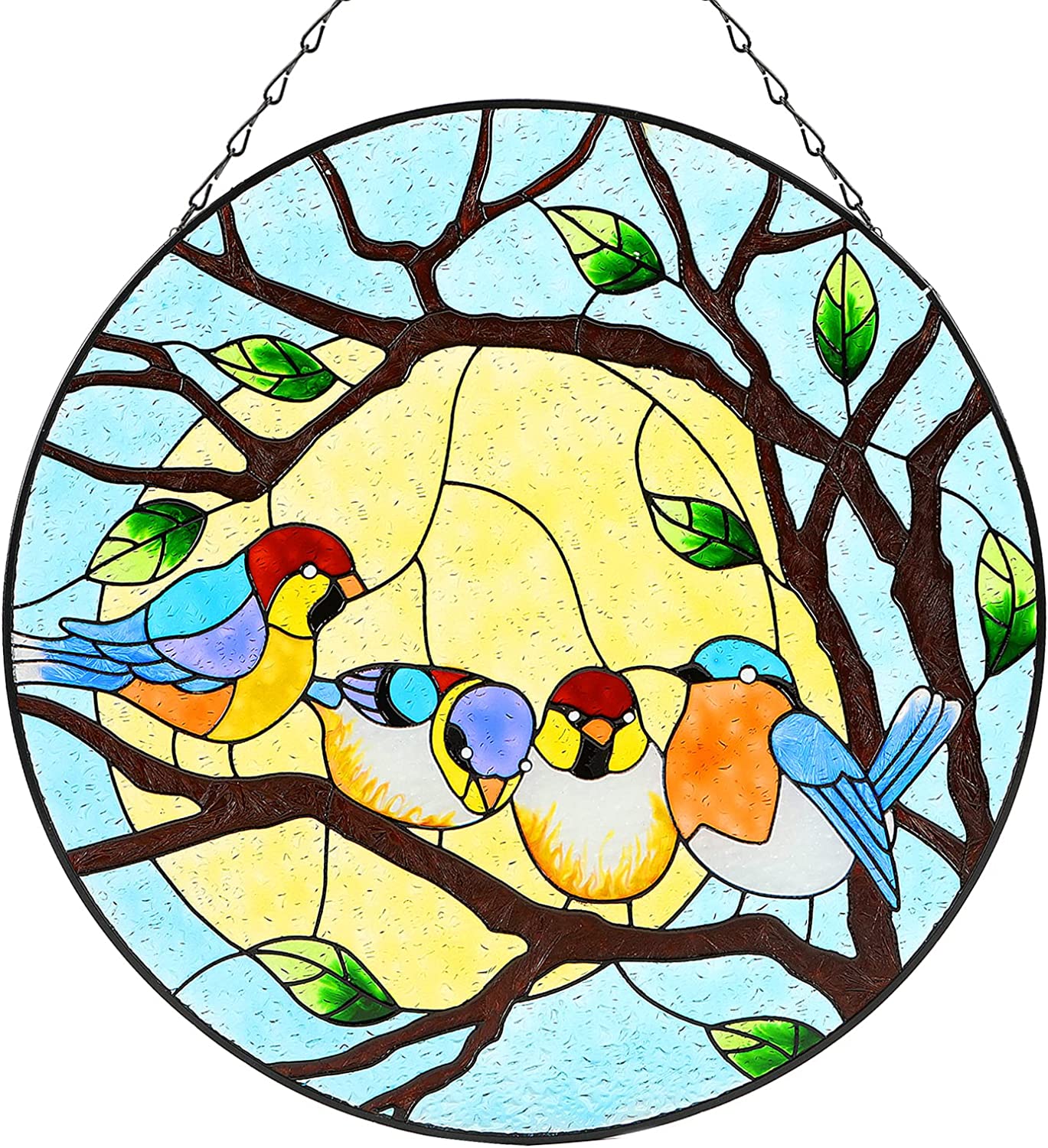 Four Multicolor Birds on Tree Hand Paint Window Panel Decor