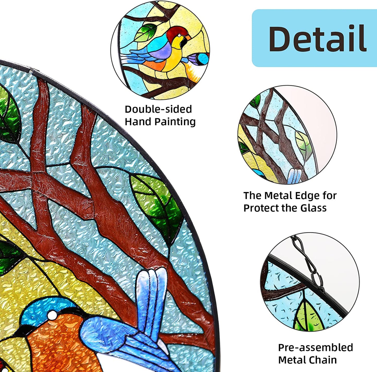 Four Multicolor Birds on Tree Hand Paint Window Panel Decor