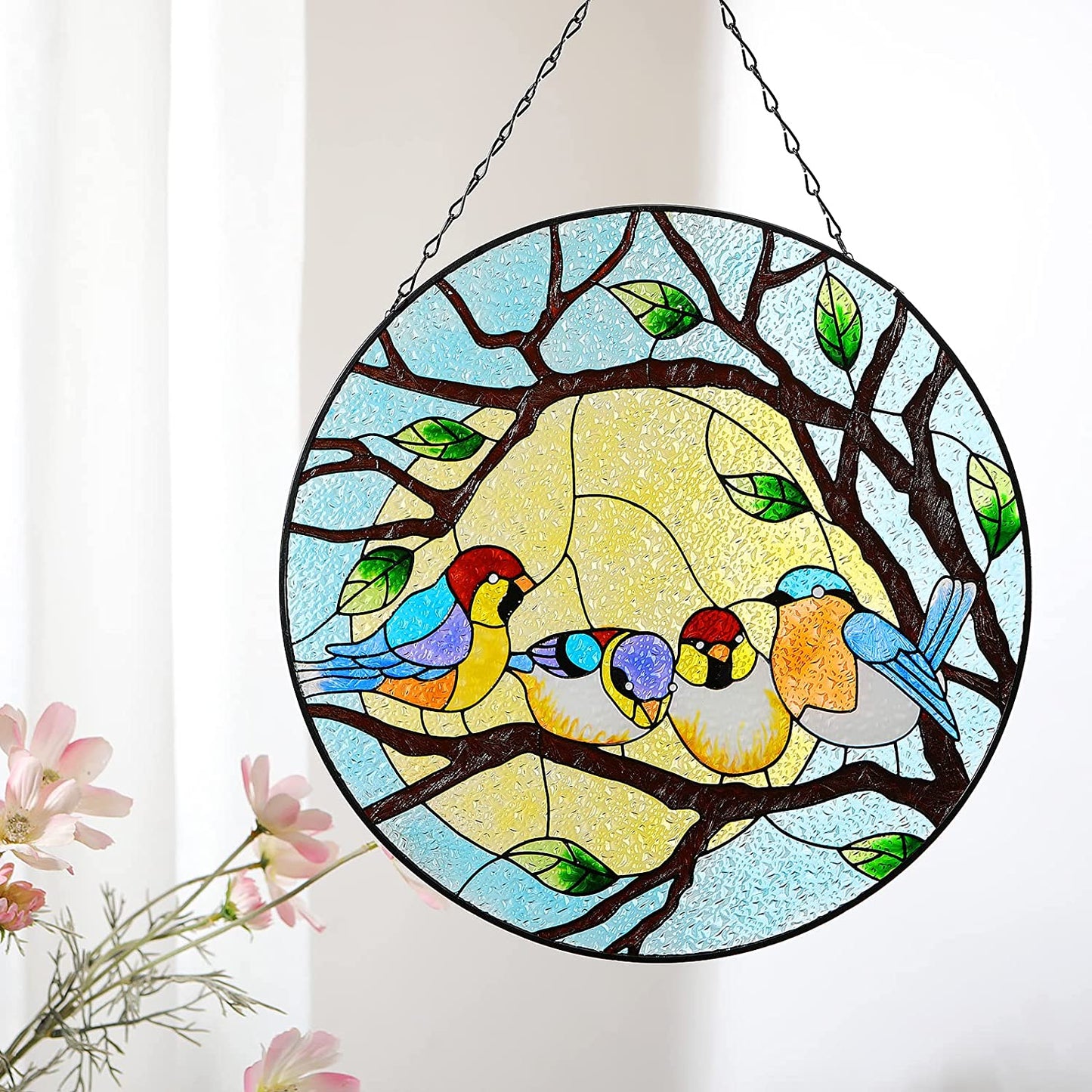Four Multicolor Birds on Tree Hand Paint Window Panel Decor