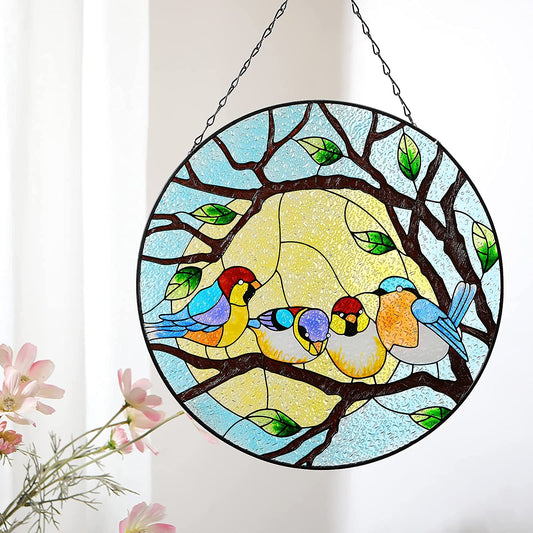 Four Multicolor Birds on Tree Hand Paint Window Panel Decor