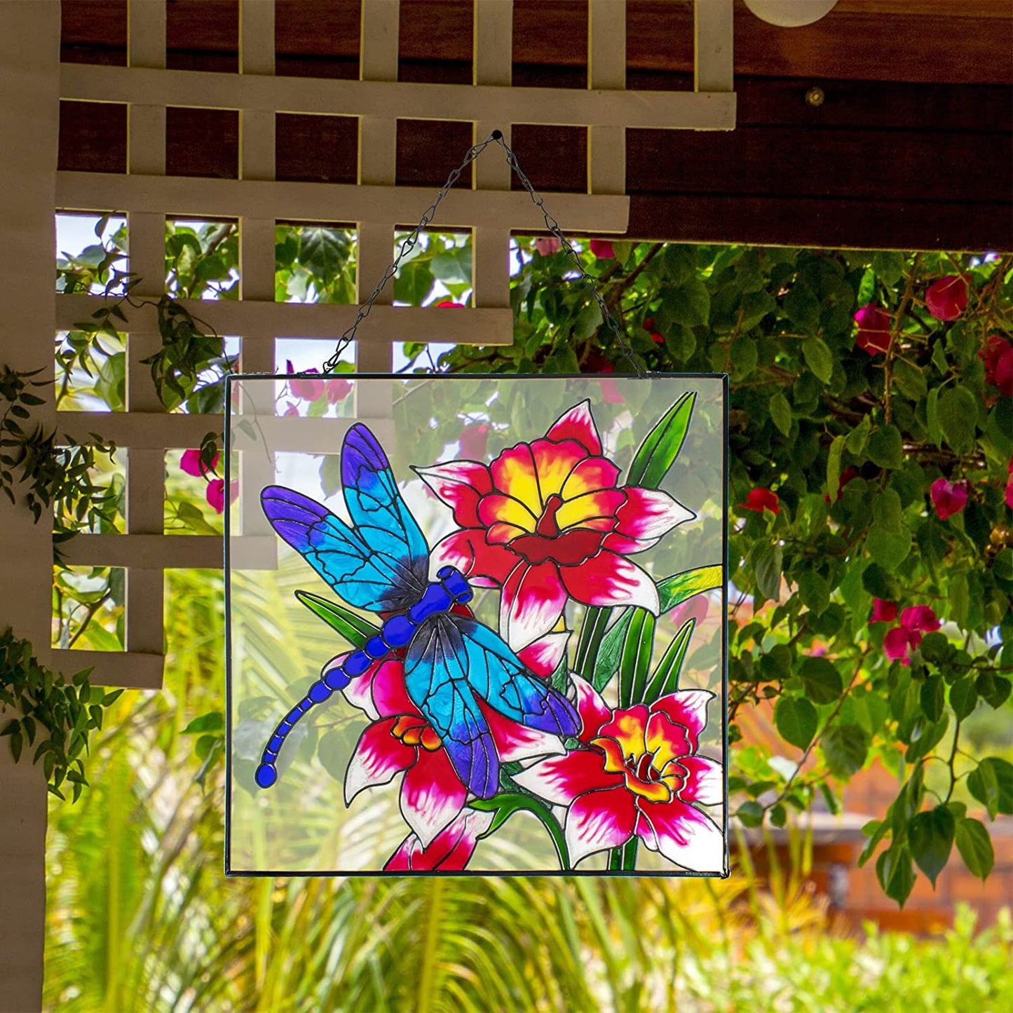 Dragonfly Flowers Stained Glass Suncatcher Window Hanging
